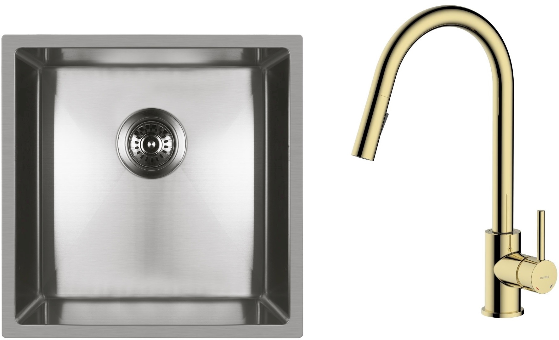 Zestaw Oltens Stalvask zlewozmywak stalowy 44x44 cm z baterią kuchenną Litla stal polerowana/złoty połysk (71100100, 35204800) - Wysyłka w 24h