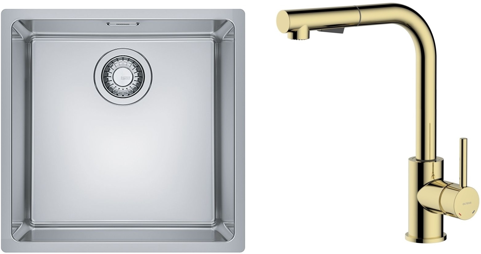Zestaw Franke Maris MRX 110-40 zlewozmywak 40x40 cm z baterią kuchenną Oltens Myvat stal szczotkowana/złoty połysk (1220543995, ...