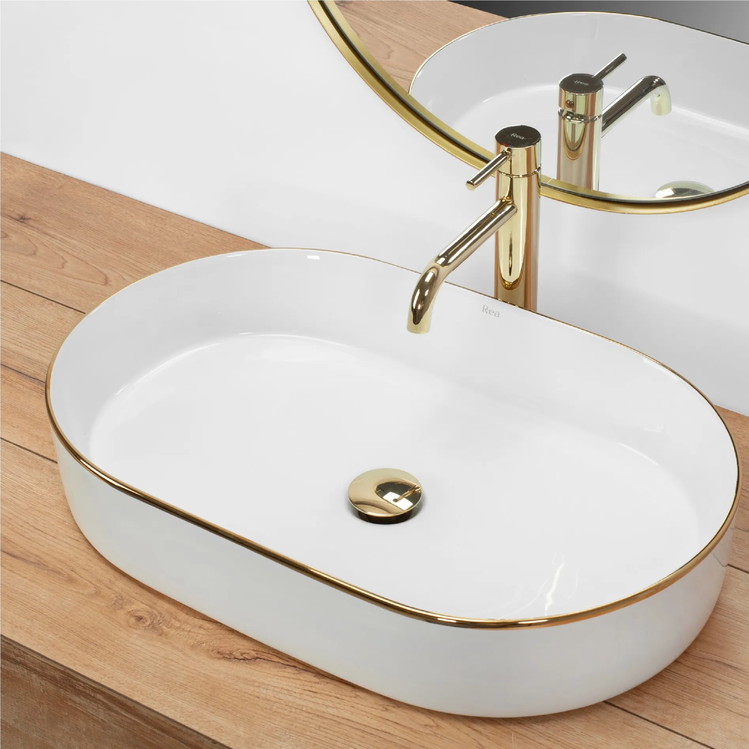 Rea Nadia Gold Edge umywalka 61x38,5 nablatowa owalna biały/złoty REA-U1063
