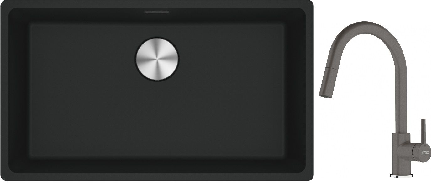 Franke Maris MRG 110-72 zlewozmywak 72x40 cm Fragranite czarny mat z baterią kuchenną Lina kamienny szary (1250687260, 1150626057)