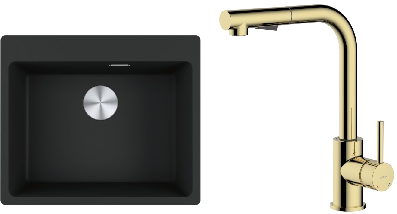 Zestaw Franke Maris MRG 610-54 FTL zlewozmywak 59x50 cm z baterią kuchenną Oltens Myvat czarny mat/złoty połysk (1140661794, 35205800) - Wysyłka w 24h