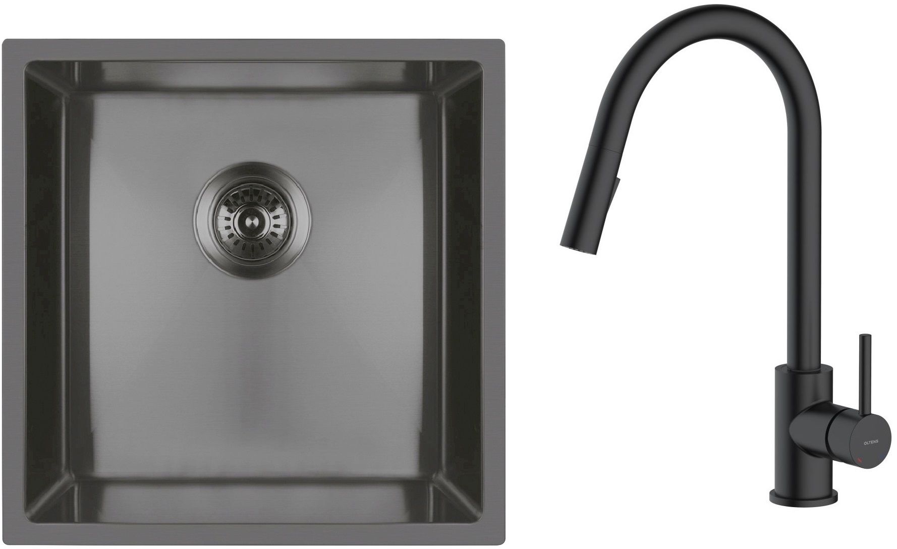 Zestaw Oltens Stalvask zlewozmywak stalowy 44x44 cm z baterią kuchenną Litla czarny/czarny mat (71100300, 35204300) - Wysyłka w 24h