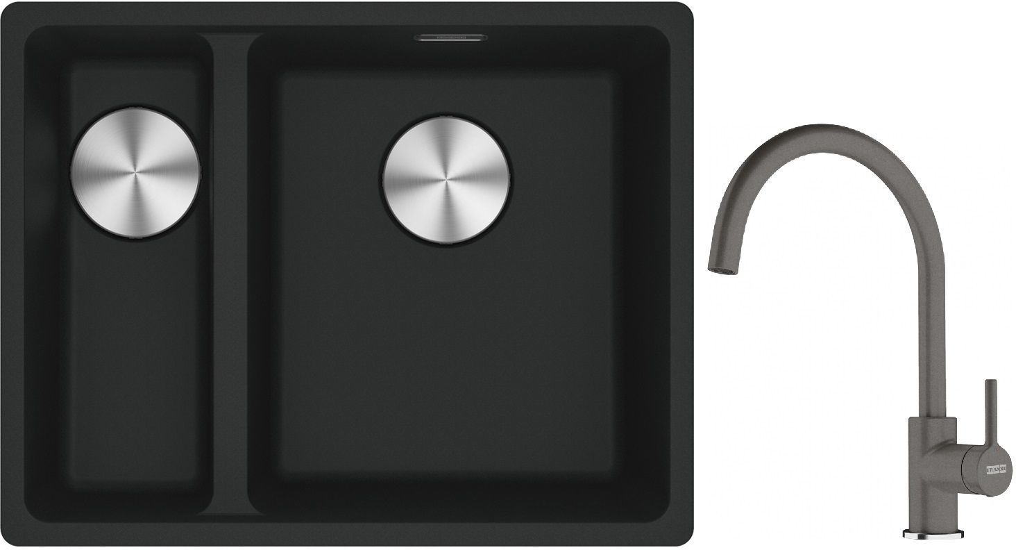 Franke Maris MRG 160-34-15SBL zlewozmywak 52x40 cm Fragranite czarny mat z baterią kuchenną Lina kamienny szary (1250687268, 1150626022)