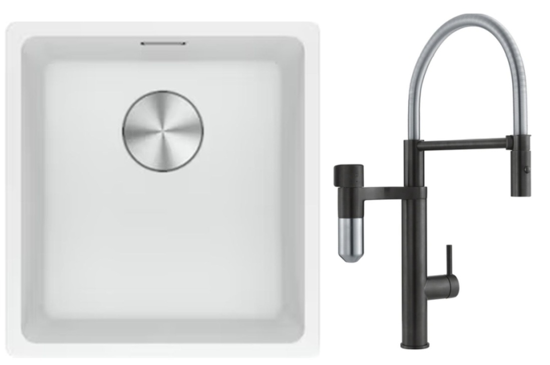 Franke Maris MRG 110-37 zlewozmywak 40x37 cm Fragranite biały polarny z baterią kuchenną Vital Semi-Pro czarny mat/stal (1250687251, ...