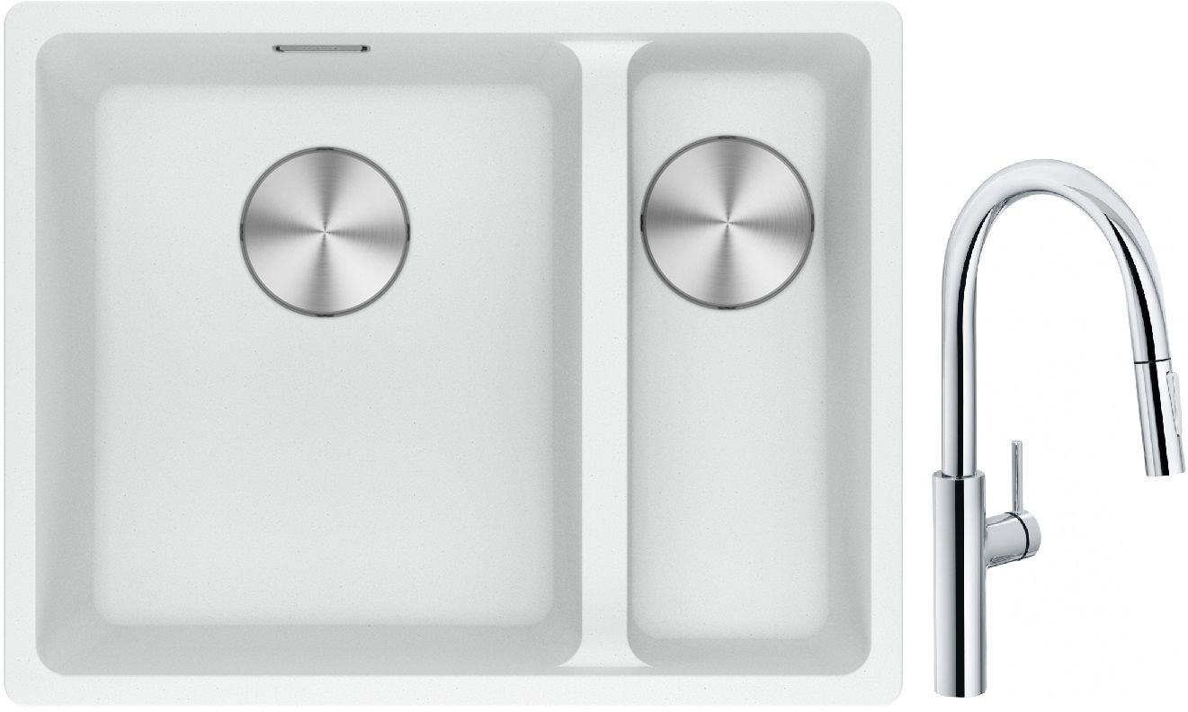 Franke Maris MRG 160-34-15SBR zlewozmywak 52x40 cm Fragranite biały polarny z baterią kuchenną Pescara L Slide-In chrom (1250687267, ...