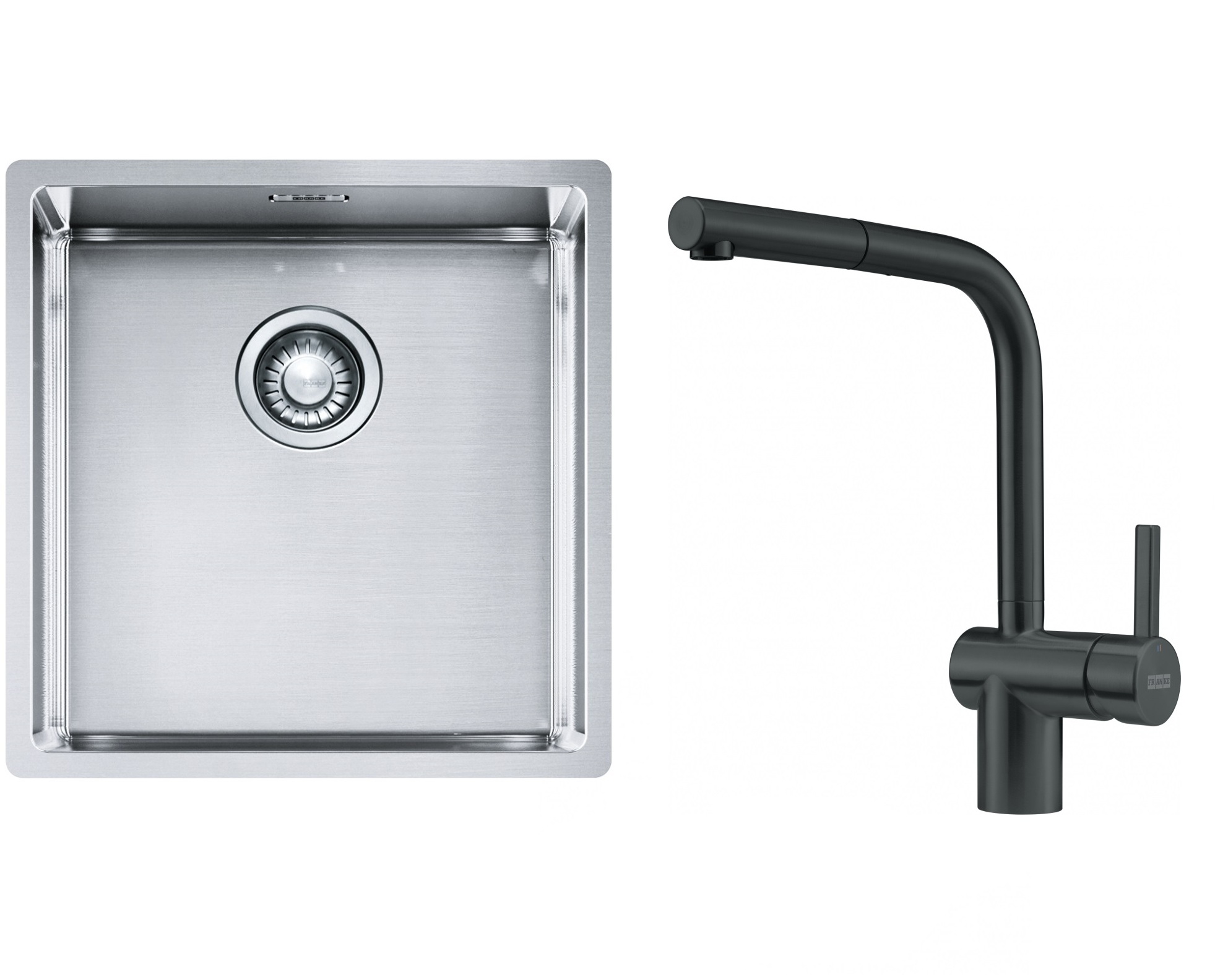 Franke Box BXX 210/110-40 zlewozmywak 45x44 cm stalowy z baterią kuchenną Atlas czarna stal szlachetna (1270453654, 1150550427)