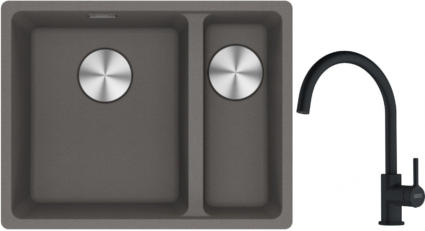 Franke Maris MRG 160-34-15SBR zlewozmywak 52x40 cm Fragranite kamienny szary z baterią kuchenną Lina czarny mat (1250687266, 1150626019)