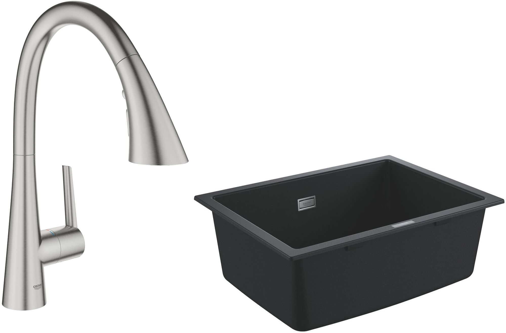 Zestaw Grohe K700 zlewozmywak 61x46 cm czarny granit z baterią kuchenną Zedra stal (31655AP0, 32294DC2)