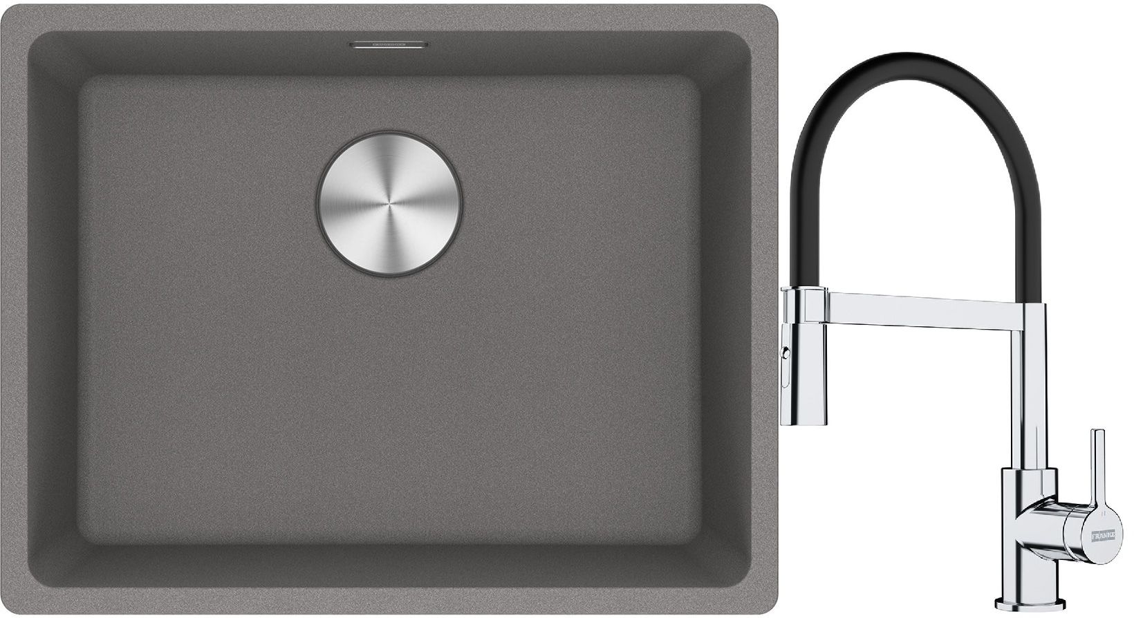 Franke Maris MRG 110-52 zlewozmywak 55x43 cm Fragranite kamienny szary z baterią kuchenną Lina chrom/czarny (1250687254, 1150626085)