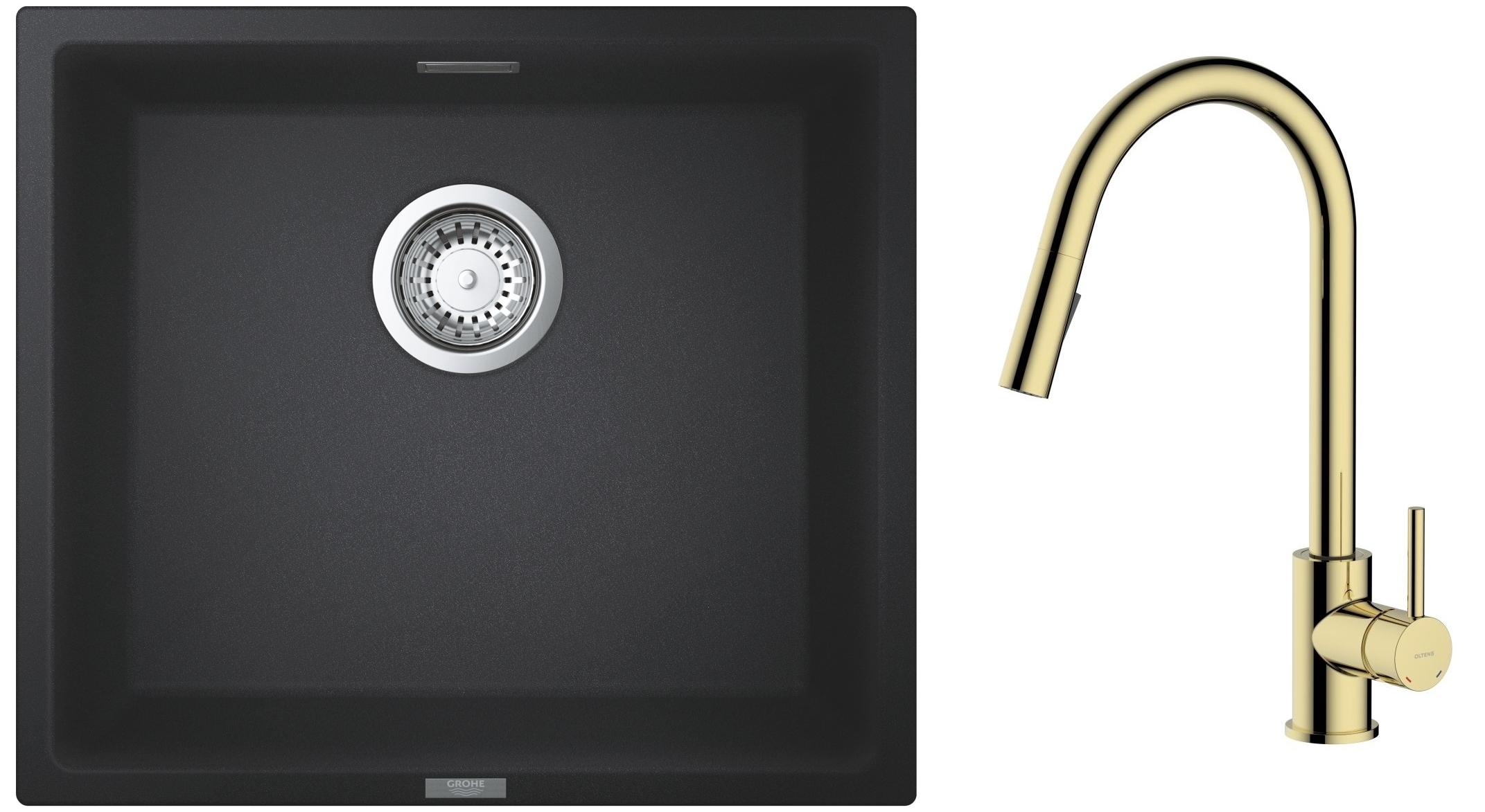 Zestaw Grohe K700 zlewozmywak granitowy 45,7x40,6 cm z baterią kuchenną Oltens Litla czarny granit/złoty połysk (35204800, 31653AP0) - Wysyłka w 24h