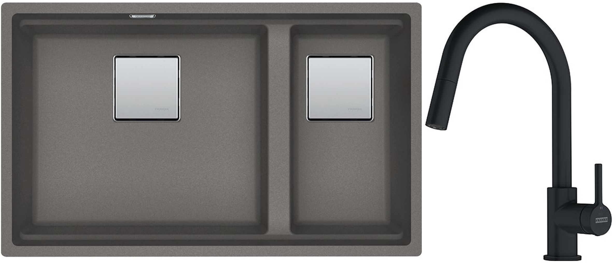Franke Kanon KNG 120 zlewozmywak 76x46 cm Fragranite kamienny szary z baterią kuchenną Lina Pull-Out czarny mat (1250528639, 1150626053)