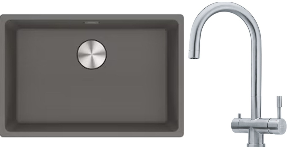 Franke Maris MRG 110-62 zlewozmywak 62x40 cm Fragranite kamienny szary z baterią kuchenną Eos stal szlachetna (1250687258, 1200179979)