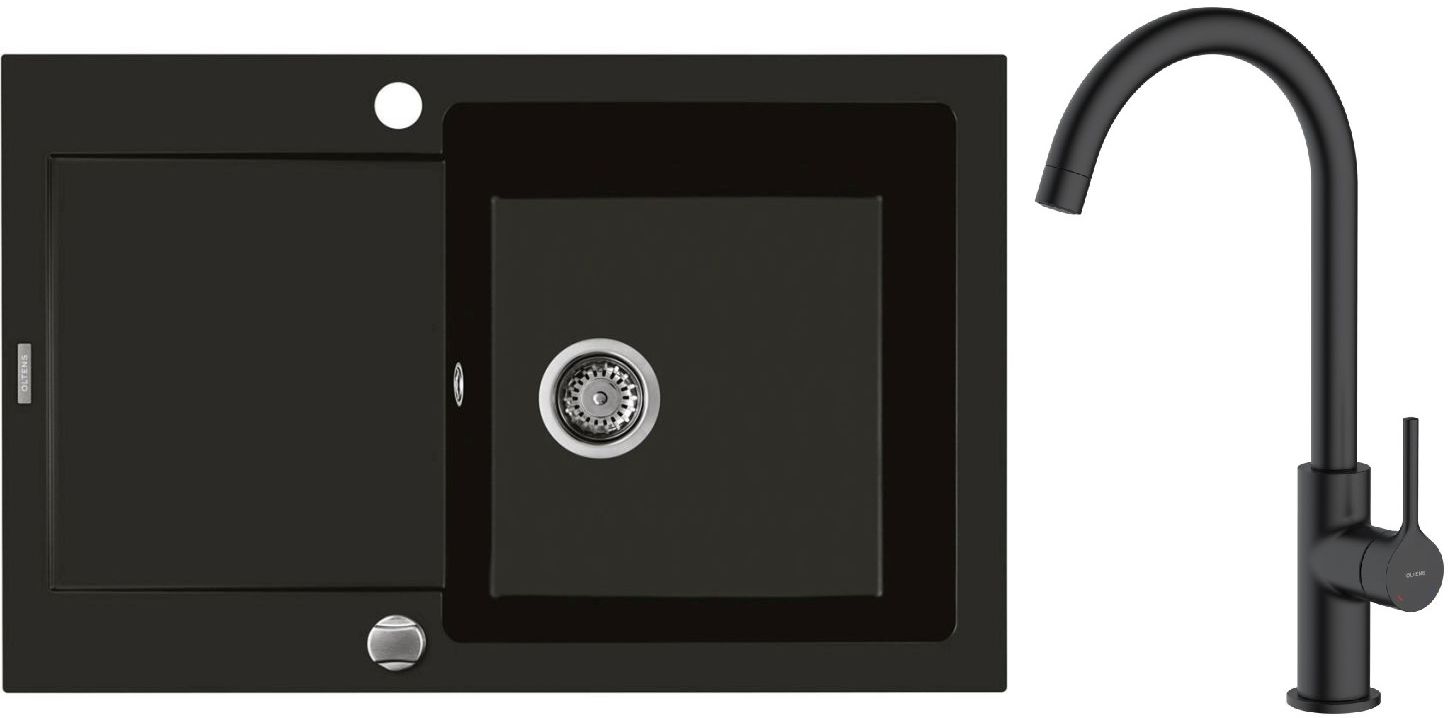 Zestaw Oltens Gravan zlewozmywak granitowy 1-komorowy 79x50 cm z baterią kuchenną Skafta czarny mat (72100300, 35206300) - Wysyłka w 24h