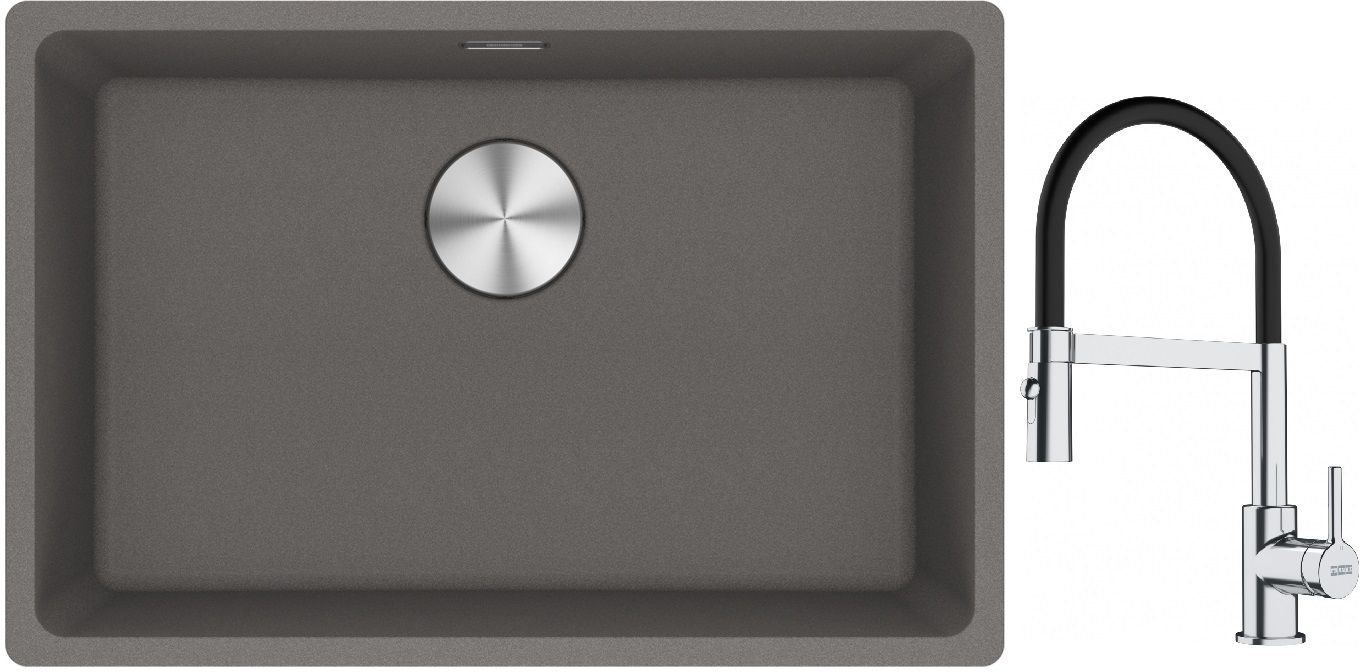 Franke Maris MRG 110-62 zlewozmywak 62x40 cm Fragranite kamienny szary z baterią kuchenną Lina chrom/czarny (1250687258, 1150626085)