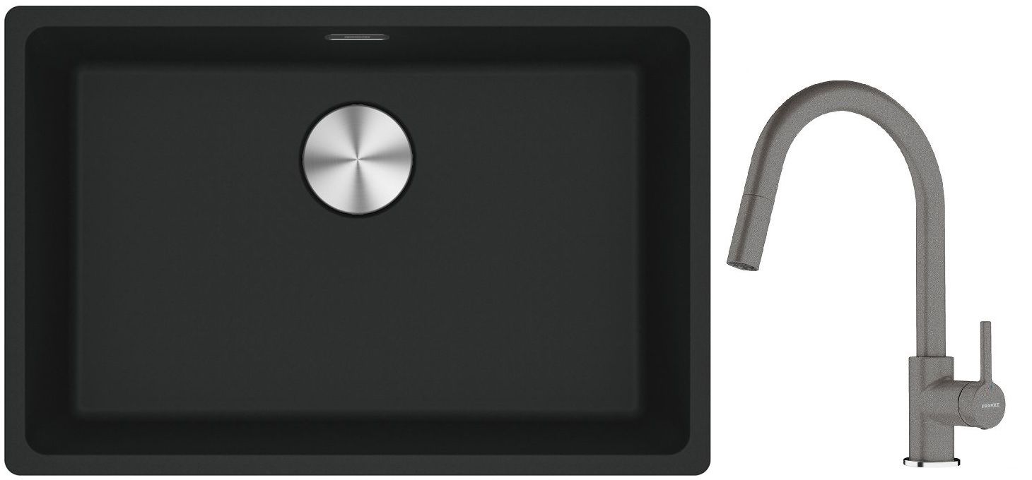 Franke Maris MRG 110-62 zlewozmywak 62x40 cm Fragranite czarny mat z baterią kuchenną Lina kamienny szary (1250687256, 1150626057)