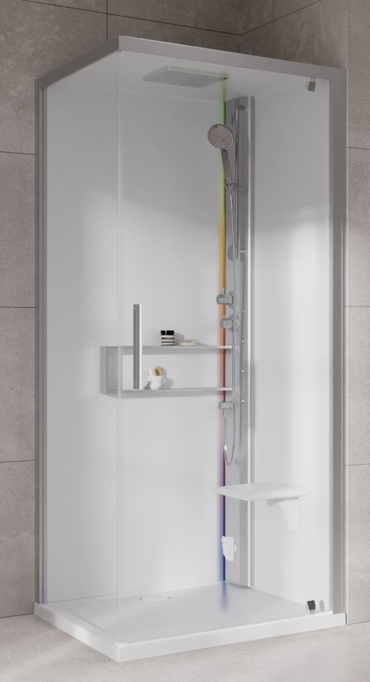 Novellini Glax 2 2.0 G+F kabina z hydromasażem 90 cm kwadratowa prawa parowa z brodzikiem srebrna G22GF90DT5-1BB