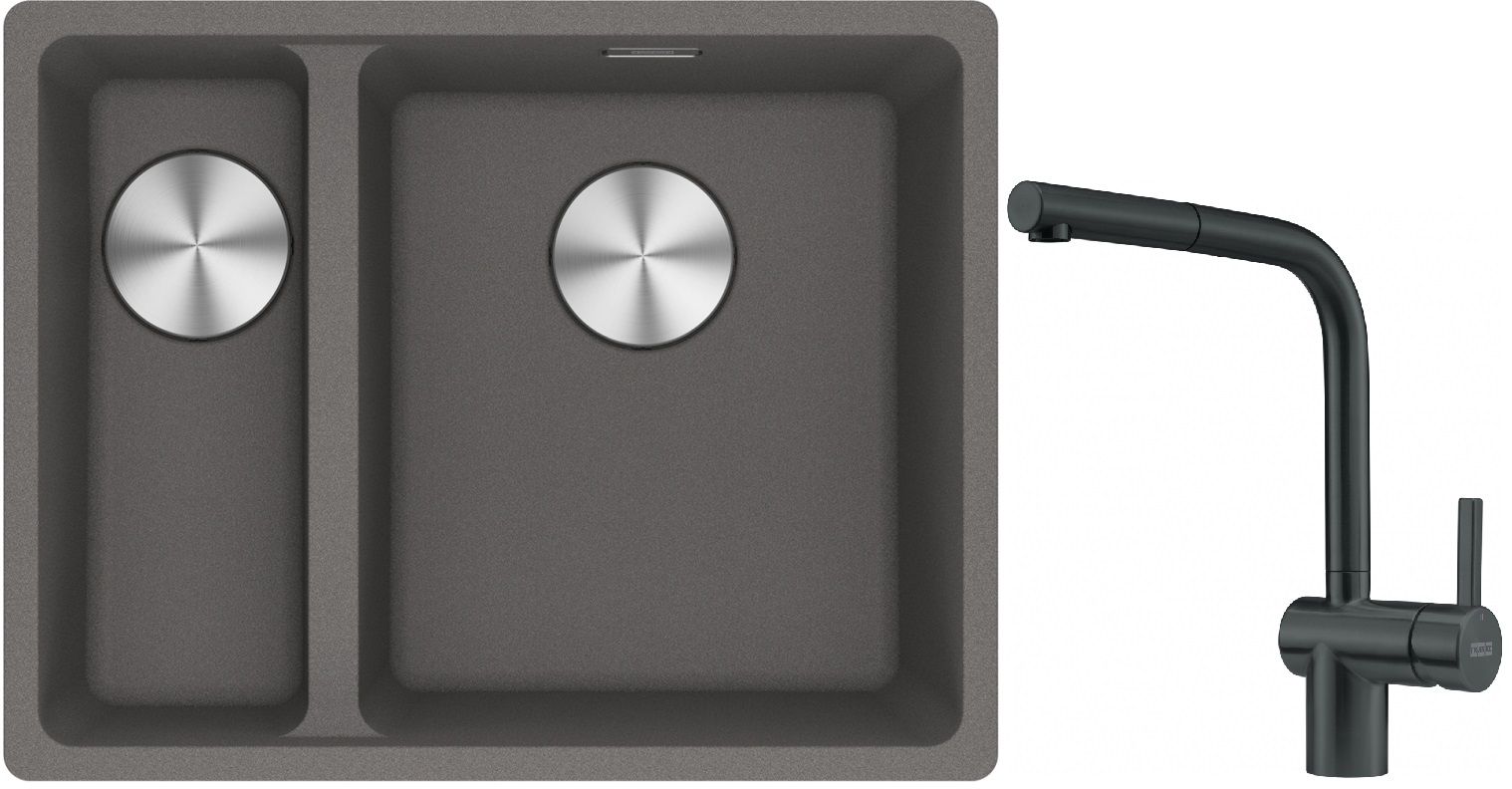 Franke Maris MRG 160-34-15SBL zlewozmywak 52x40 cm Fragranite kamienny szary z baterią kuchenną Atlas czarna stal szlachetna (1250687270, ...