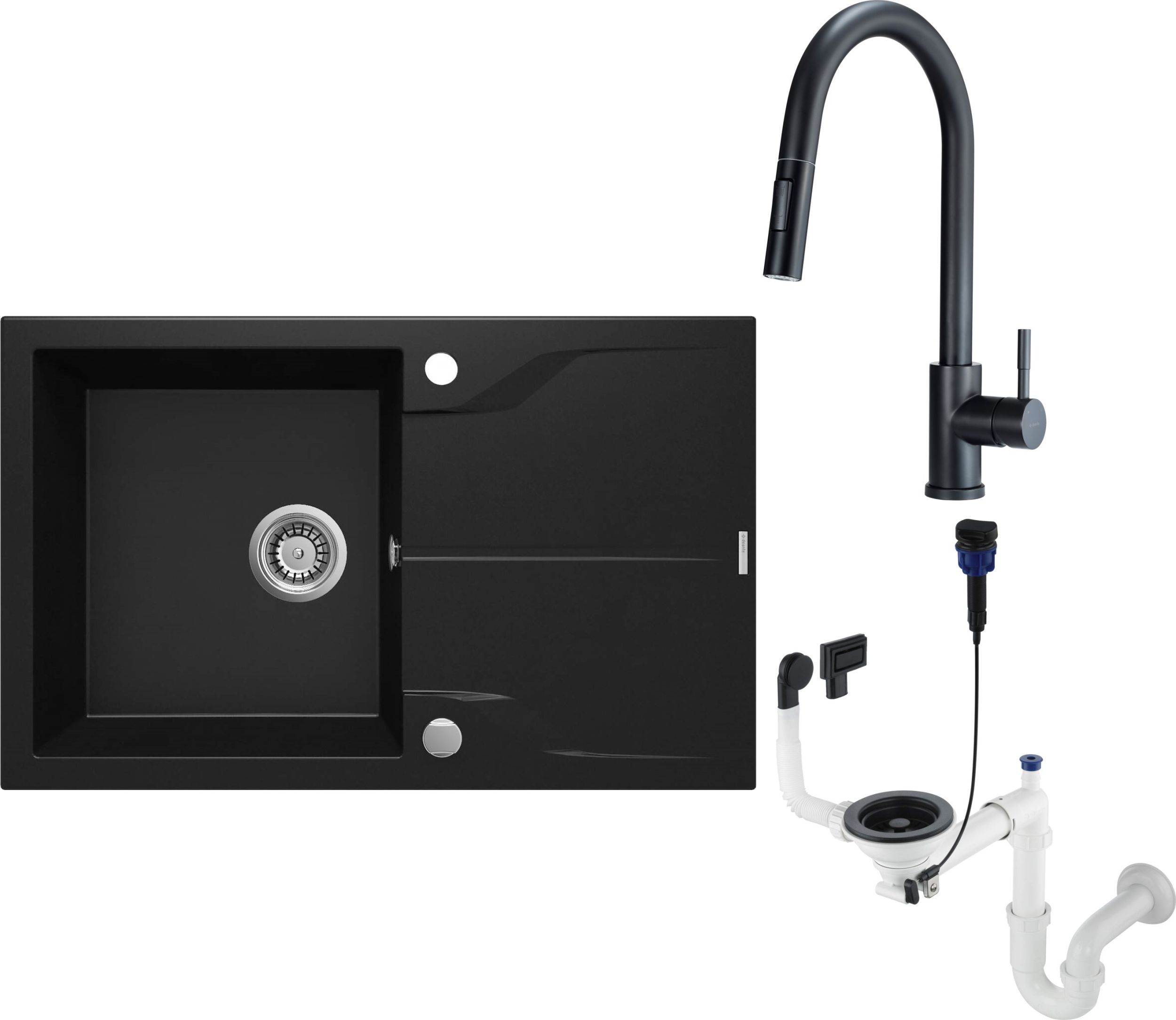 Zestaw Deante Andante zlewozmywak granitowy z baterią kuchenną Lima i syfonem Space Saver czarny mat (ZQNN113, BBMN72M, ZXYN972)