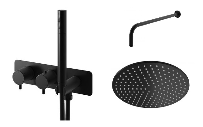 Zestaw Kohlman Axel Black bateria wannowo-prysznicowa termostatyczna z deszczownicą Experience Black czarny mat (QW265AB, WNEB, R25EB)