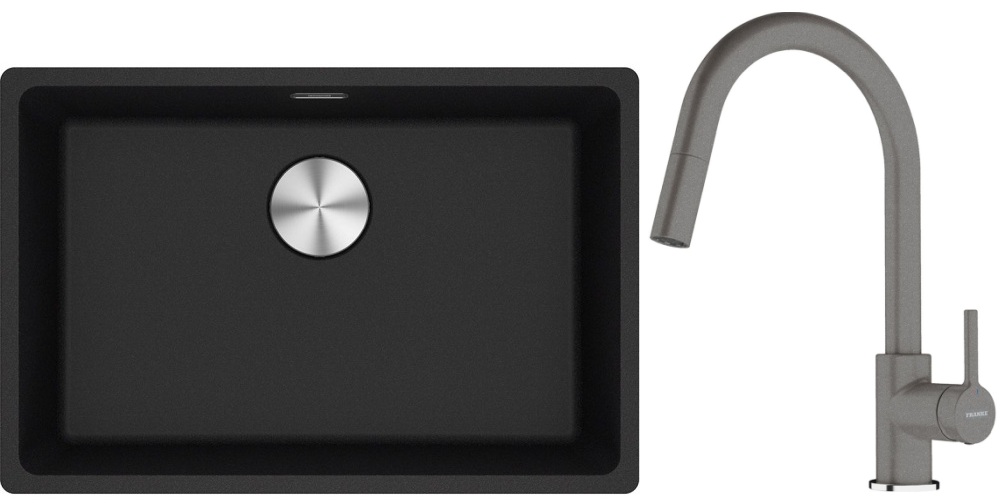Franke Maris MRG 110-62 zlewozmywak 62x40 cm Fragranite onyx z baterią kuchenną Lina kamienny szary (1250687257, 1150626057)