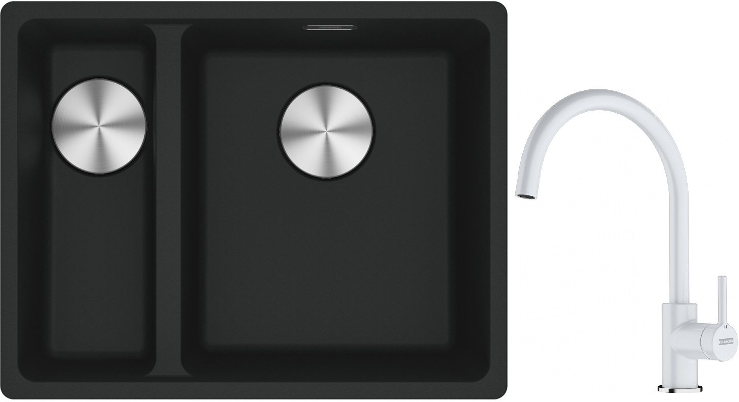 Franke Maris MRG 160-34-15SBL zlewozmywak 52x40 cm Fragranite czarny mat z baterią kuchenną Lina biały polarny (1250687268, 1150626024)