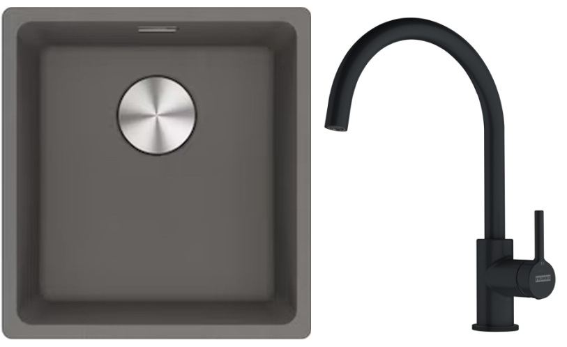 Franke Maris MRG 110-37 zlewozmywak 40x37 cm Fragranite kamienny szary z baterią kuchenną Lina onyx (1250687250, 1150626020)