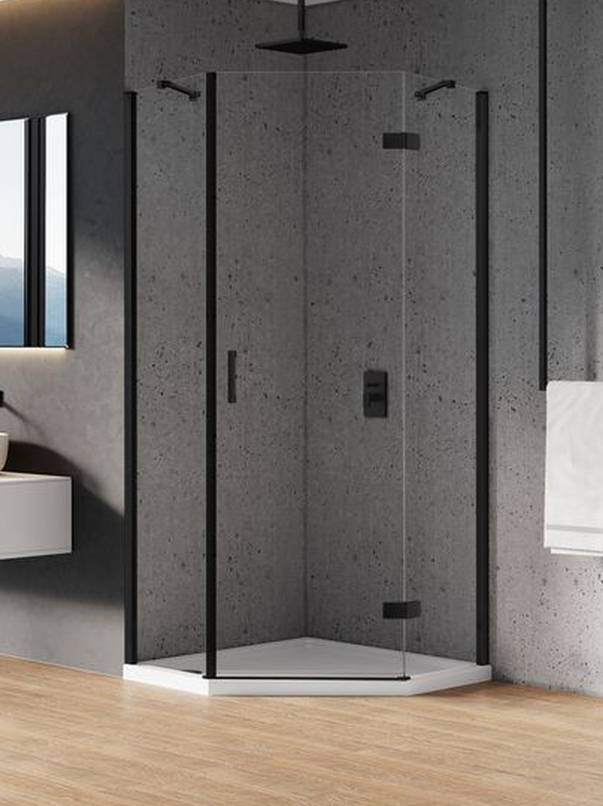 New Trendy New Azura Black kabina prysznicowa 90x90 cm pięciokątna prawa czarny mat/szkło przezroczyste K-0668