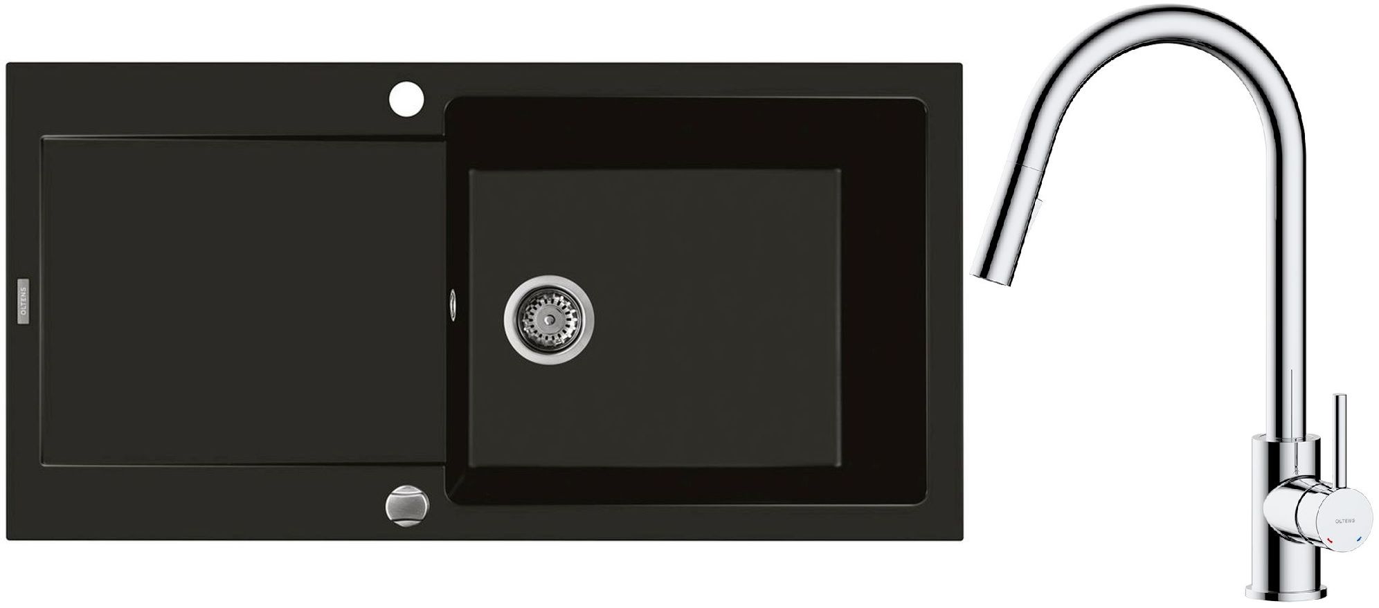 Zestaw Oltens Gravan zlewozmywak granitowy 1-komorowy 100x50 cm z baterią kuchenną Litla czarny mat/chrom (72101300, 35204100) - Wysyłka w 24h
