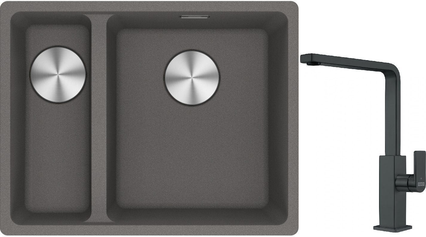 Franke Maris MRG 160-34-15SBL zlewozmywak 52x40 cm Fragranite kamienny szary z baterią kuchenną Mythos czarna stal szlachetna ...