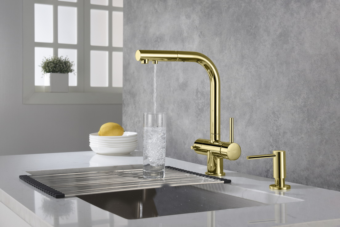 Blue Water Apala bateria kuchenna z podłączeniem wody filtrowanej złoty