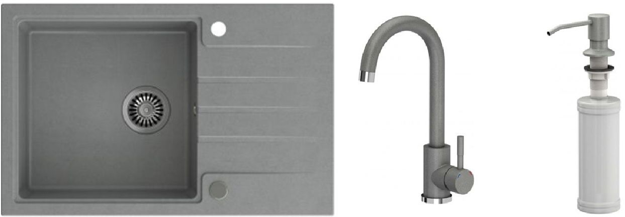 Zestaw Quadron Peter 111 zlewozmywak z baterią kuchenną Kate i dozownikiem płynu Keira silver stone (HCQP7850SZK, 3623500GR, MFS1001GR)