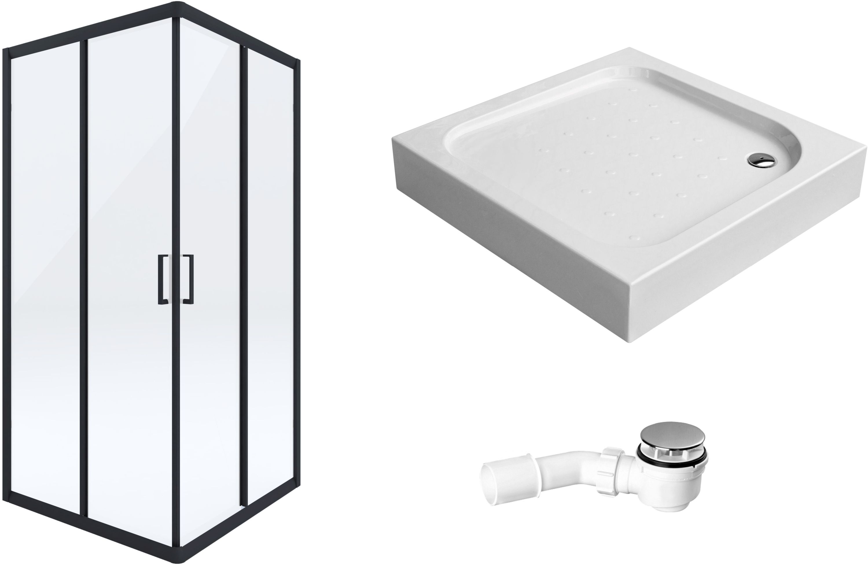 Zestaw Deante Funkia kabina prysznicowa 80 cm kwadratowa z brodzikiem Corner i syfonem czarny/szkło przezroczyste (KYCN42K, KTC042B, ... - Wysyłka w 