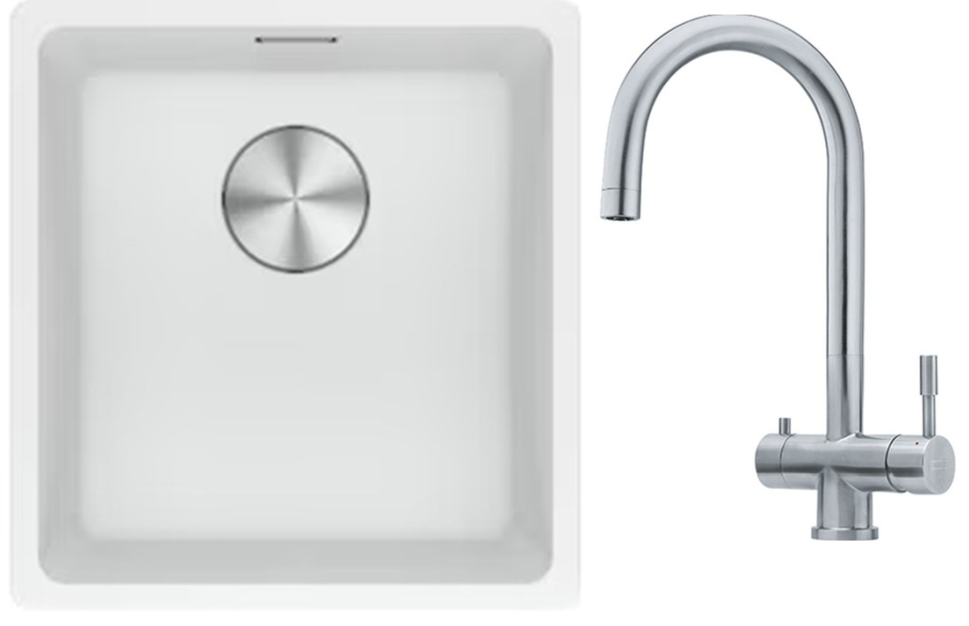 Franke Maris MRG 110-37 zlewozmywak 40x37 cm Fragranite biały polarny z baterią kuchenną Eos stal szlachetna (1250687251, 1200179979)