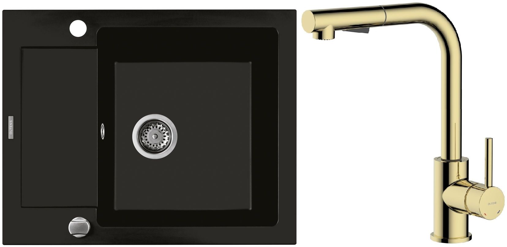 Zestaw Oltens Gravan zlewozmywak granitowy 1-komorowy 62x50 cm z baterią kuchenną Myvat czarny mat/złoty połysk (72102300, 35205800) - Wysyłka w 24h