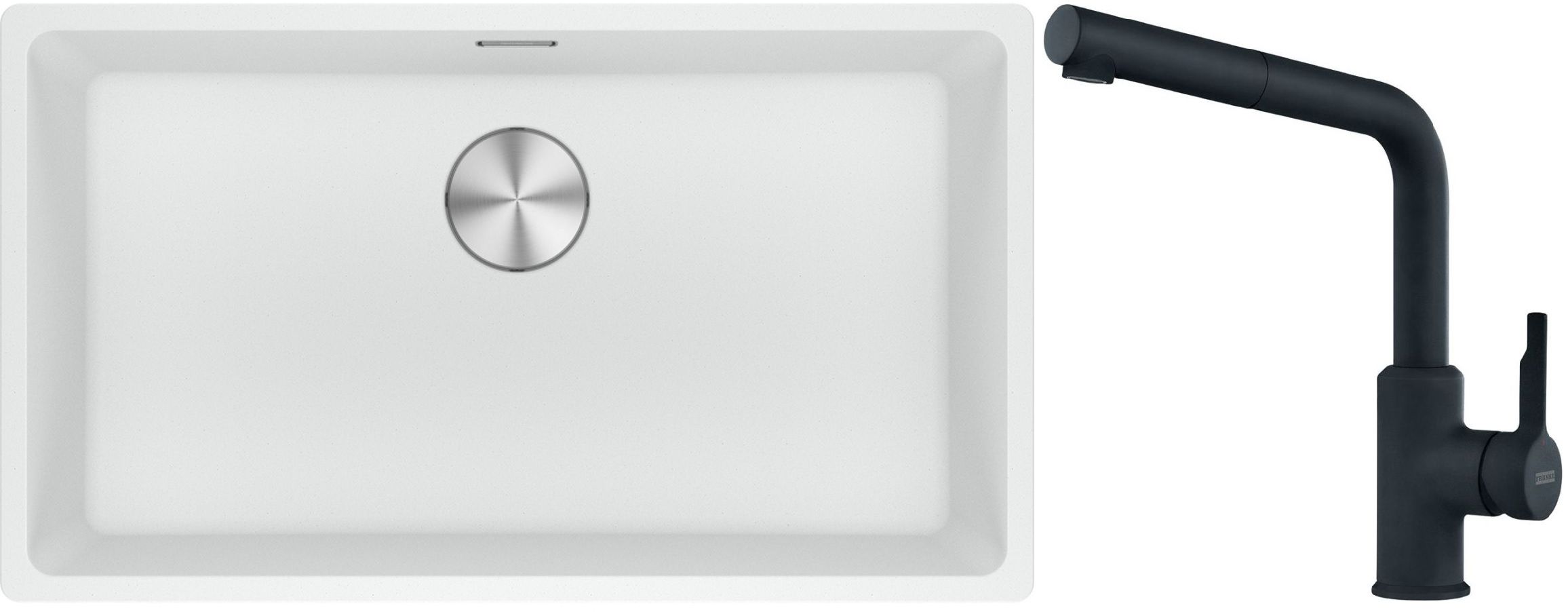 Franke Maris MRG 110-72 zlewozmywak 72x40 cm Fragranite biały polarny z baterią kuchenną Urban czarny mat (1250687263, 1150627523)