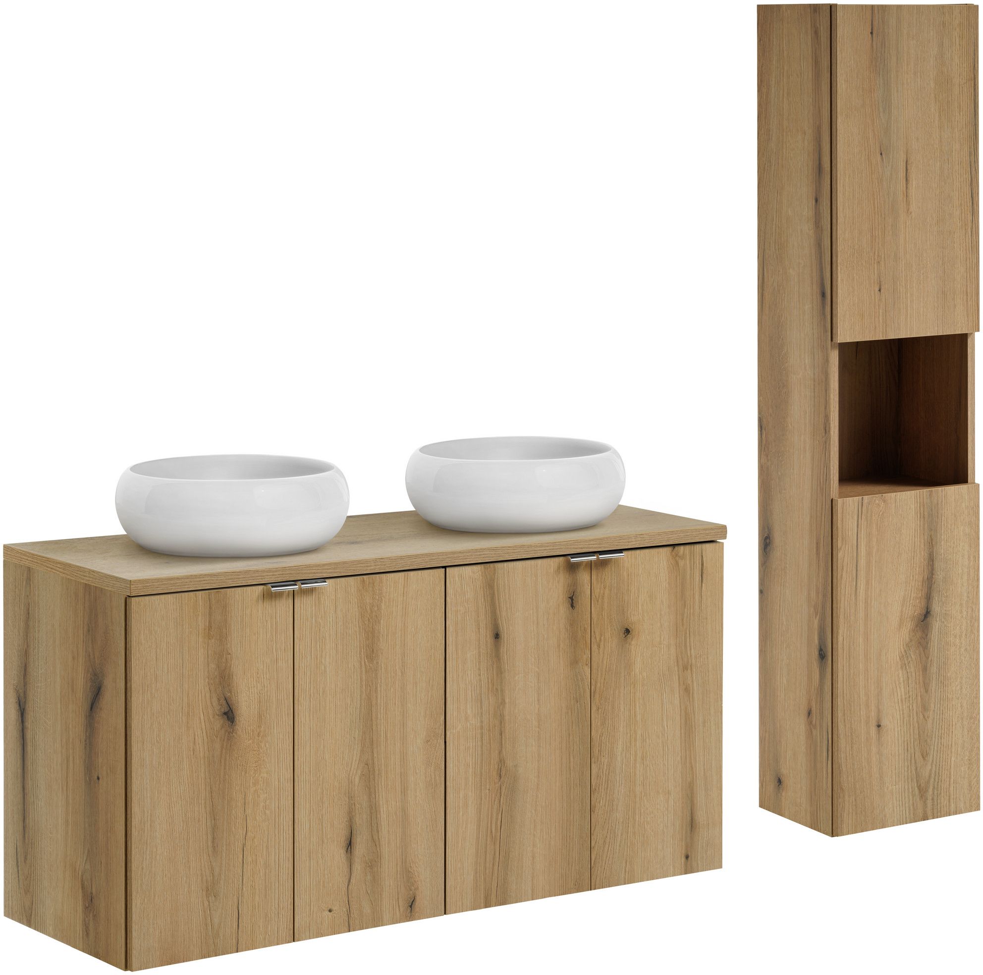 Zestaw Comad Nova Oak szafki 60 cm i 60 cm z blatem meblowym 120 cm, dwie umywalki Wiki 36x36 cm białe i szafka boczna wysoka dąb SET-NOA ...