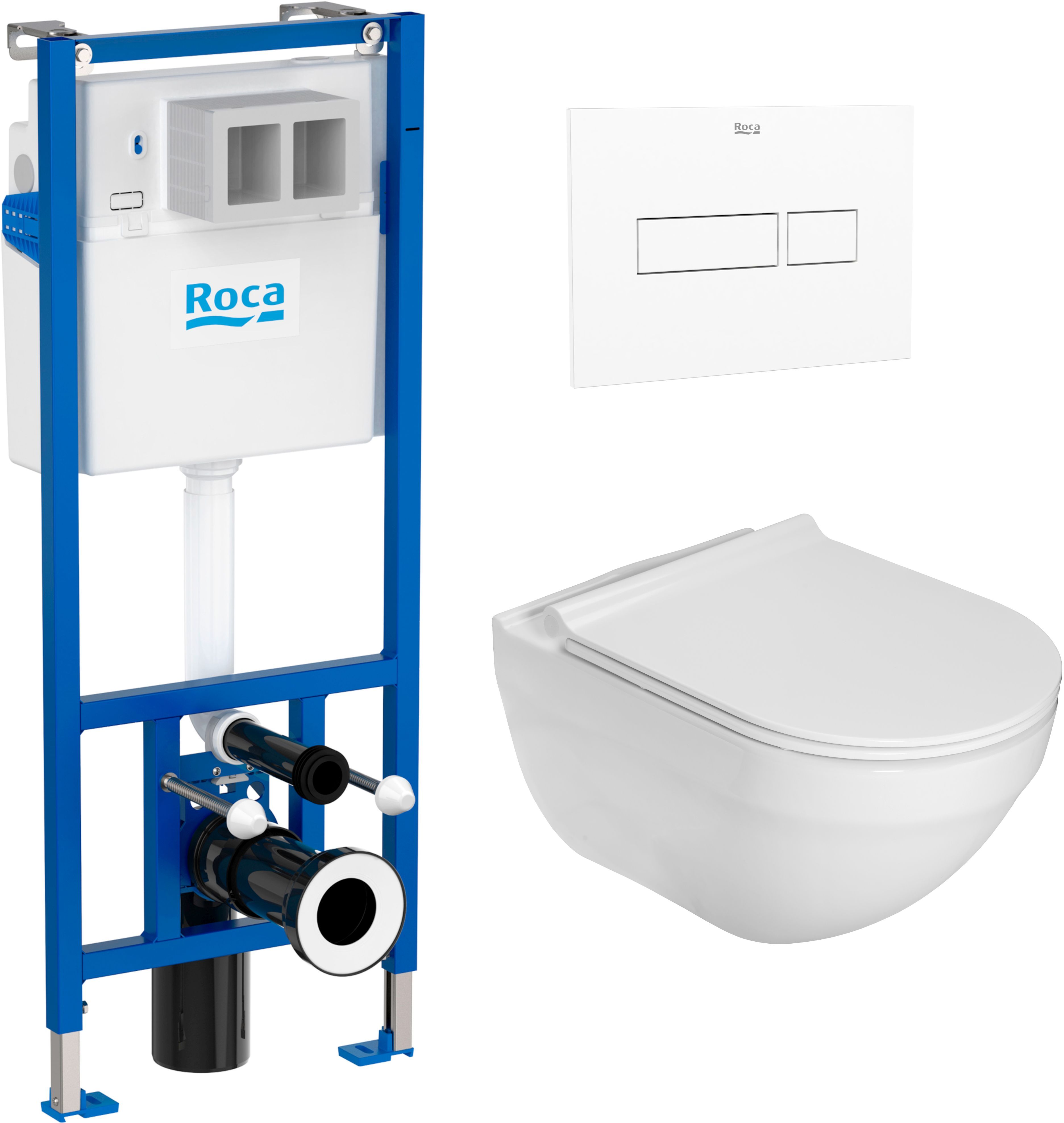 Zestaw Roca Hebe miska WC wisząca Rimless z deską sedesową wolnoopadającą i stelaż podtynkowy Duplo Nova z przyciskiem spłukującym ... - Wysyłka w 24h