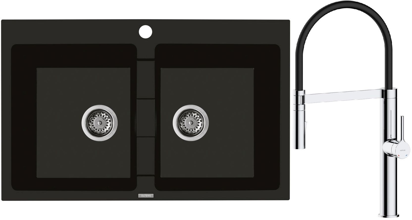 Zestaw Oltens Gravan zlewozmywak granitowy 2-komorowy 78x50 cm z baterią kuchenną Broga czarny mat/chrom (72400300, 35207100)