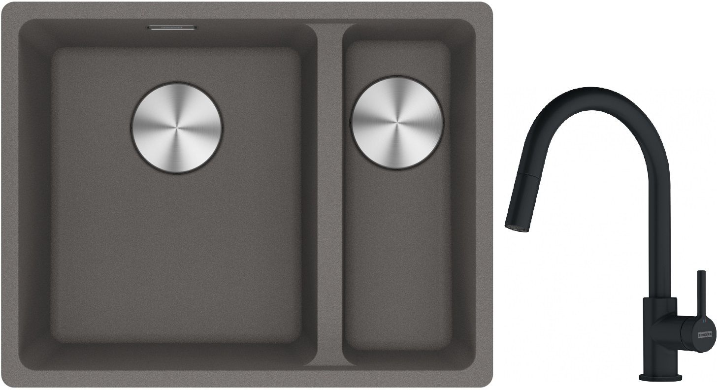 Franke Maris MRG 160-34-15SBR zlewozmywak 52x40 cm Fragranite kamienny szary z baterią kuchenną Lina czarny mat (1250687266, 1150626053)