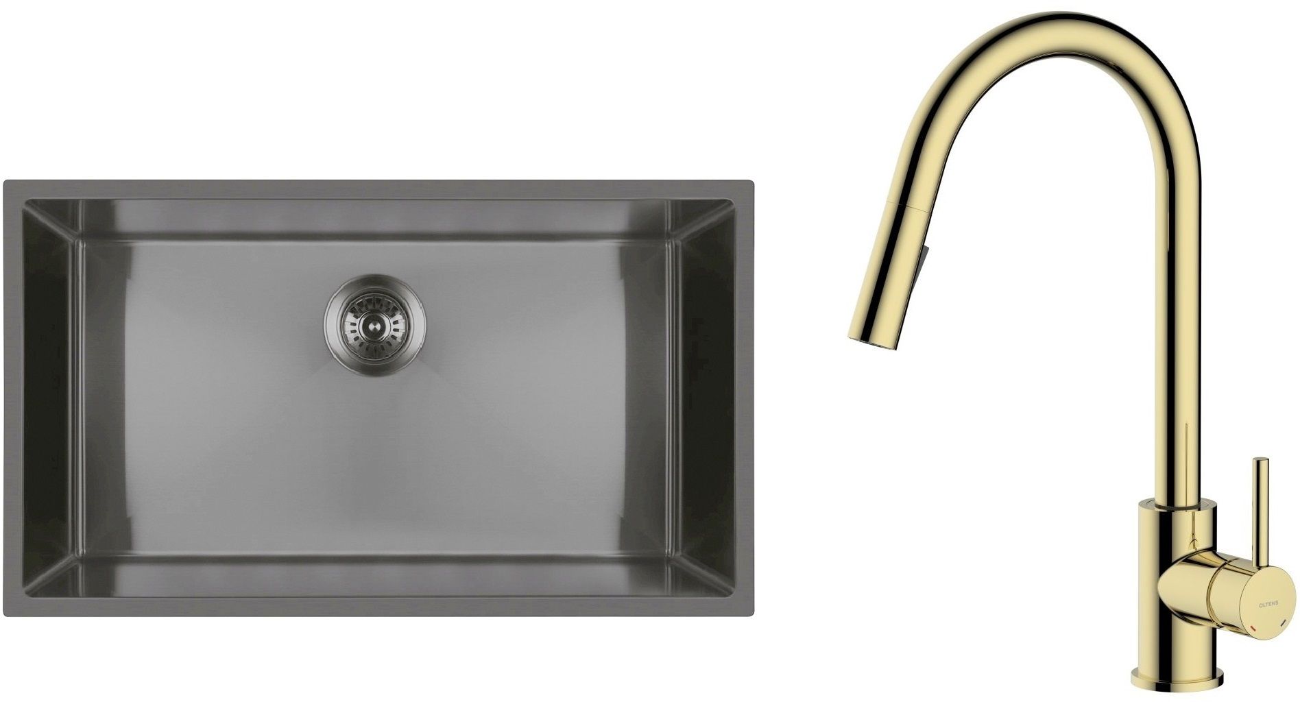 Zestaw Oltens Stalvask zlewozmywak stalowy 76x44 cm z baterią kuchenną Litla czarny/złoty połysk (71102300, 35204800) - Wysyłka w 24h