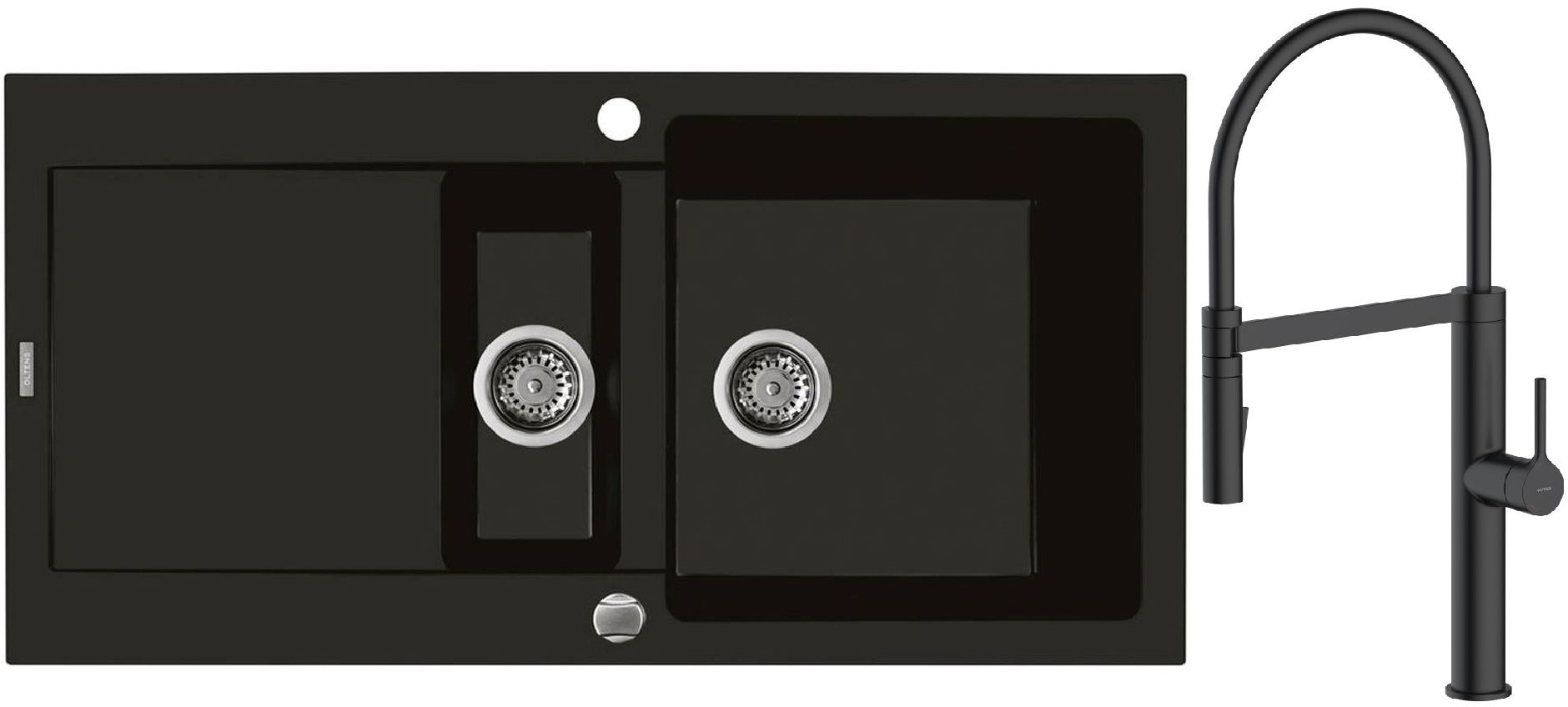 Zestaw Oltens Gravan zlewozmywak granitowy 1,5-komorowy 100x50 cm z baterią kuchenną Borga czarny mat (72300300, 35207300) - Wysyłka w 24h