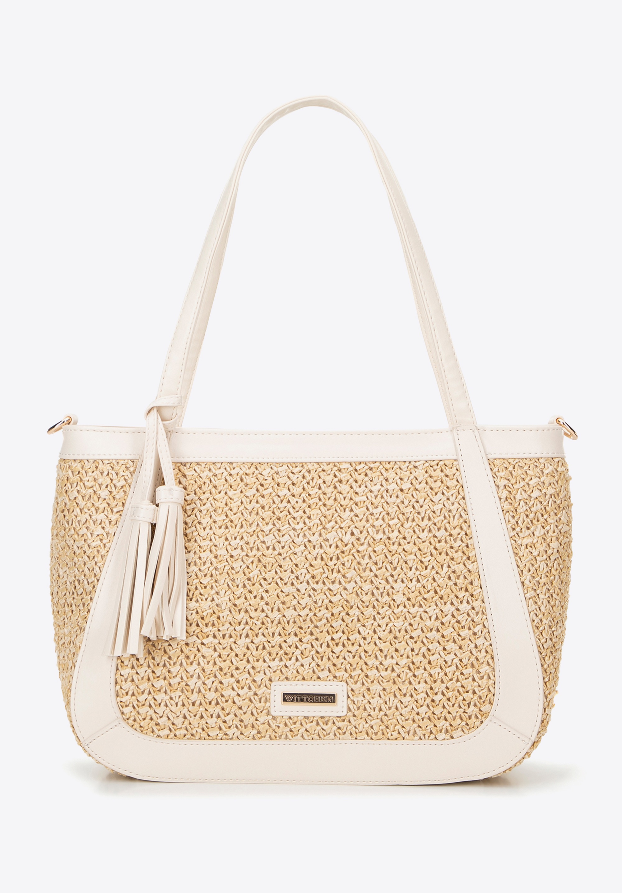 Damska torebka na ramię z plecionki beżowo - kremowa