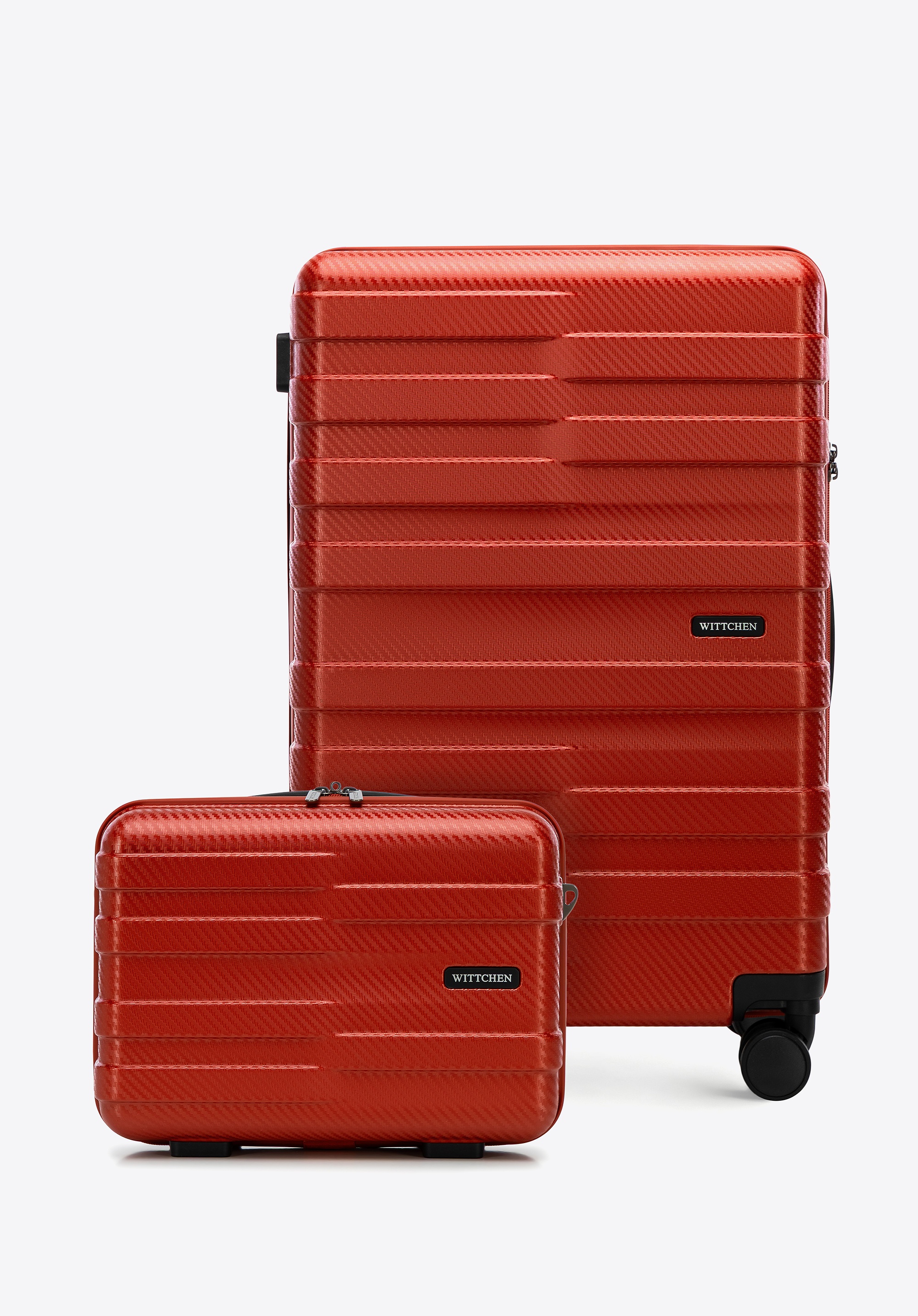 Średnia walizka i kosmetyczka z polikarbonu w poziome pasy czerwone