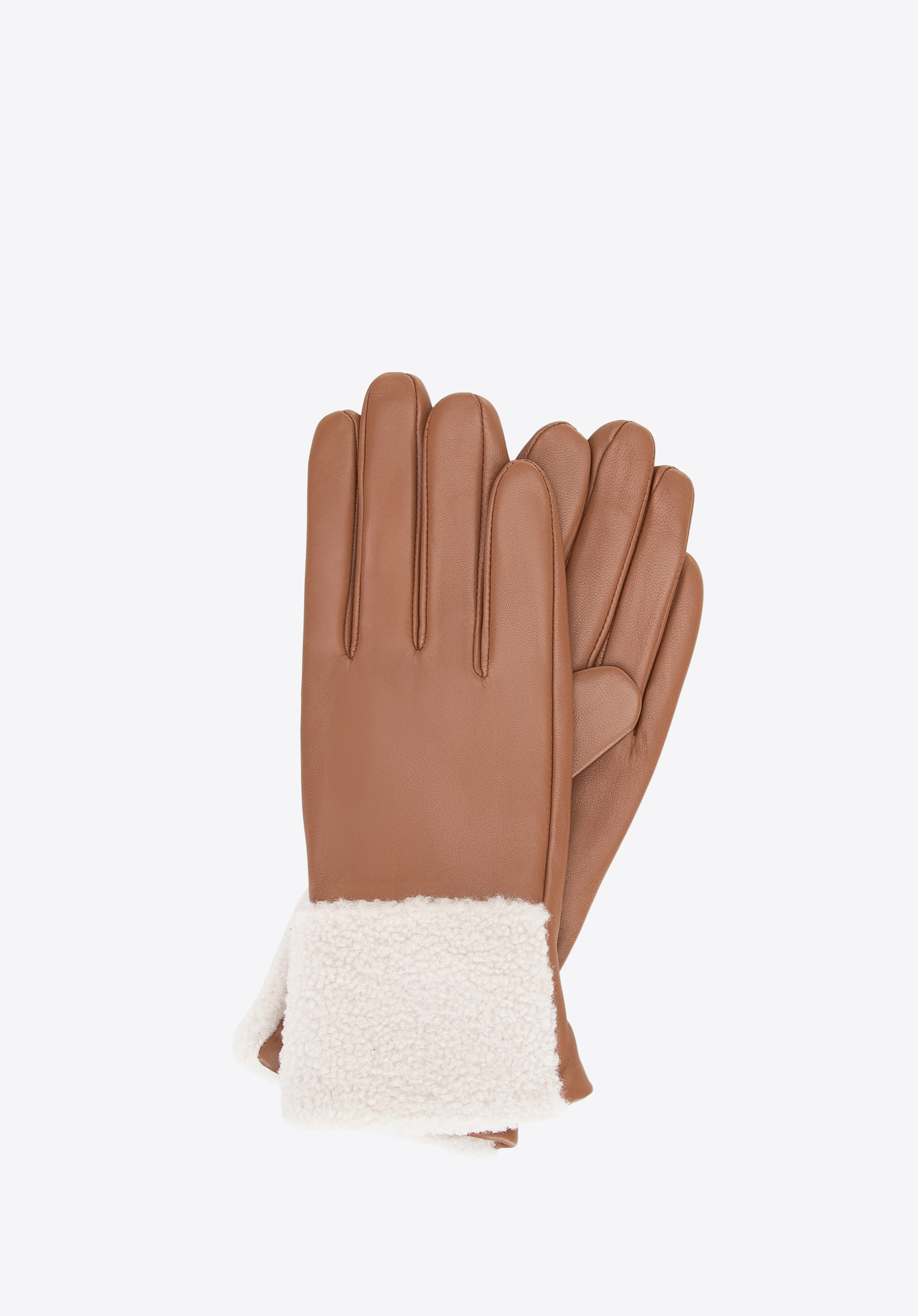 Damskie rękawiczki ocieplane z ozdobnym mankietem brązowo - kremowe