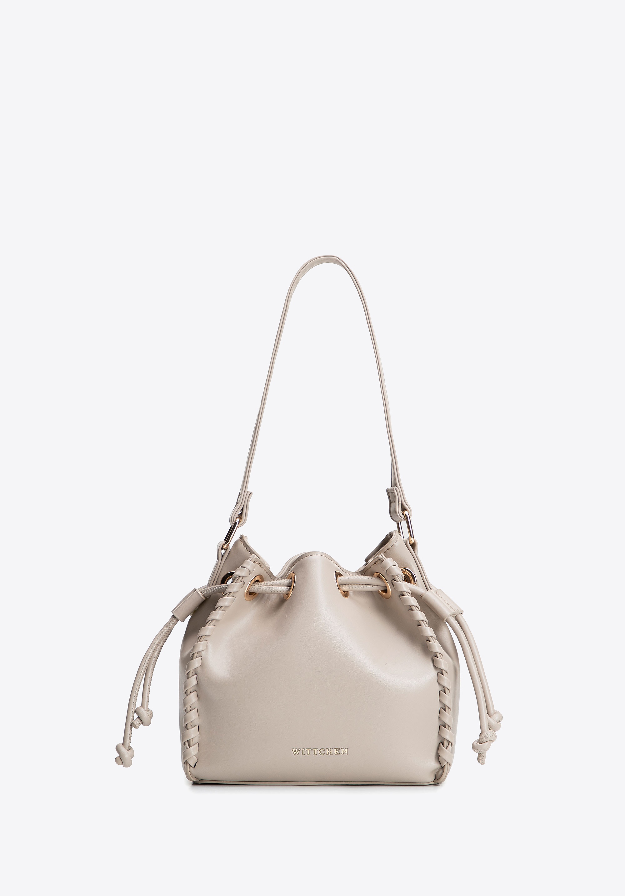 Torebka worek z imitacji skóry z dekoracyjną plecionką jasny beż