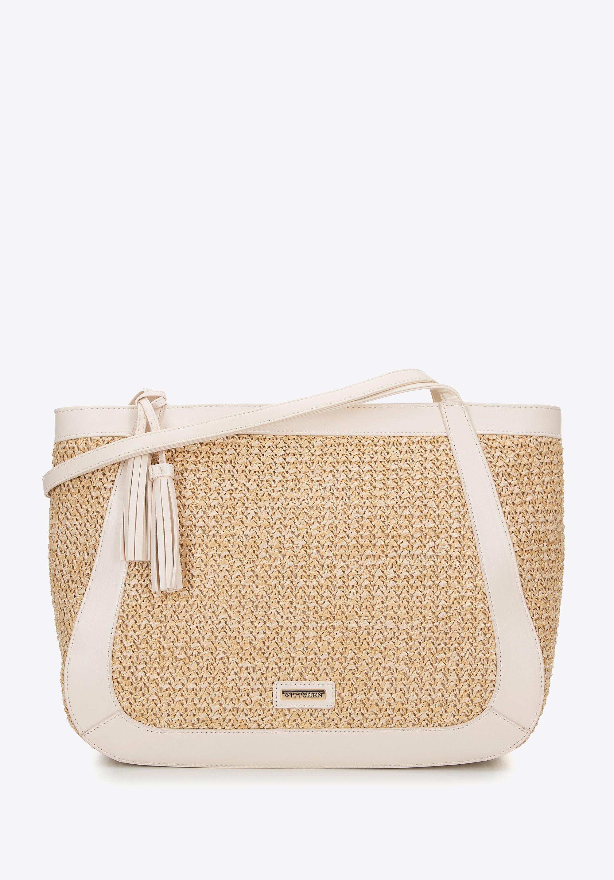 Damska shopperka z ekoskóry i plecionki beżowo - kremowa