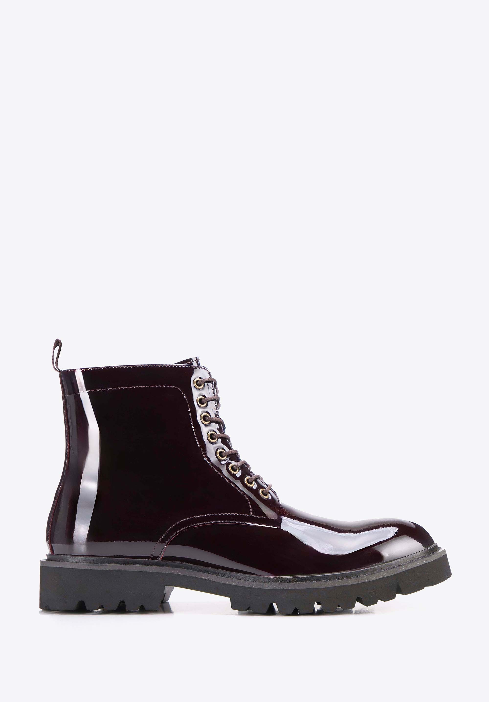 Męskie glany ze skóry lakierowanej bordowe