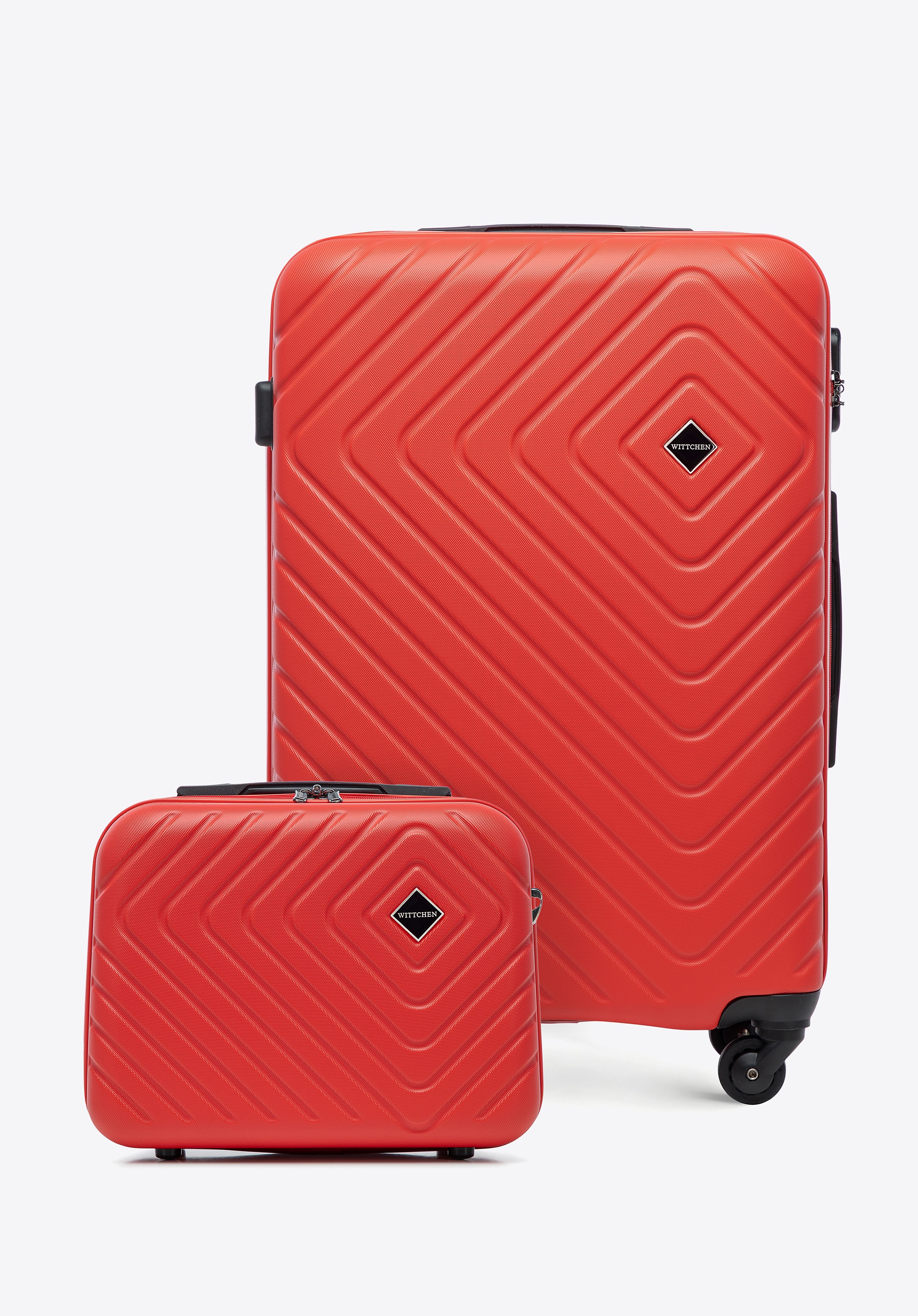Średnia walizka i kosmetyczka z ABS-u z geometrycznym tłoczeniem czerwone