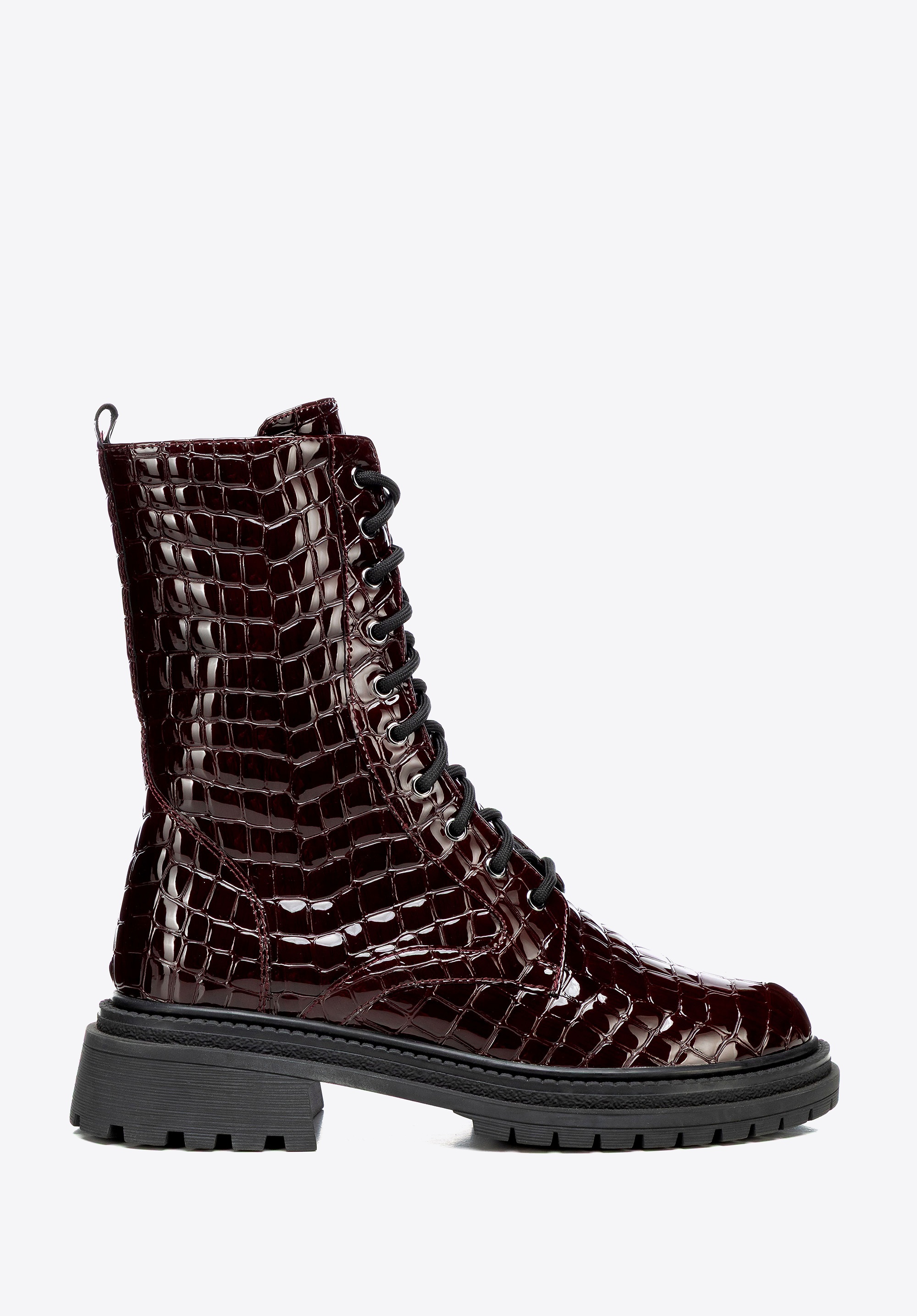 Damskie glany z lakierowanej skóry croco bordowe