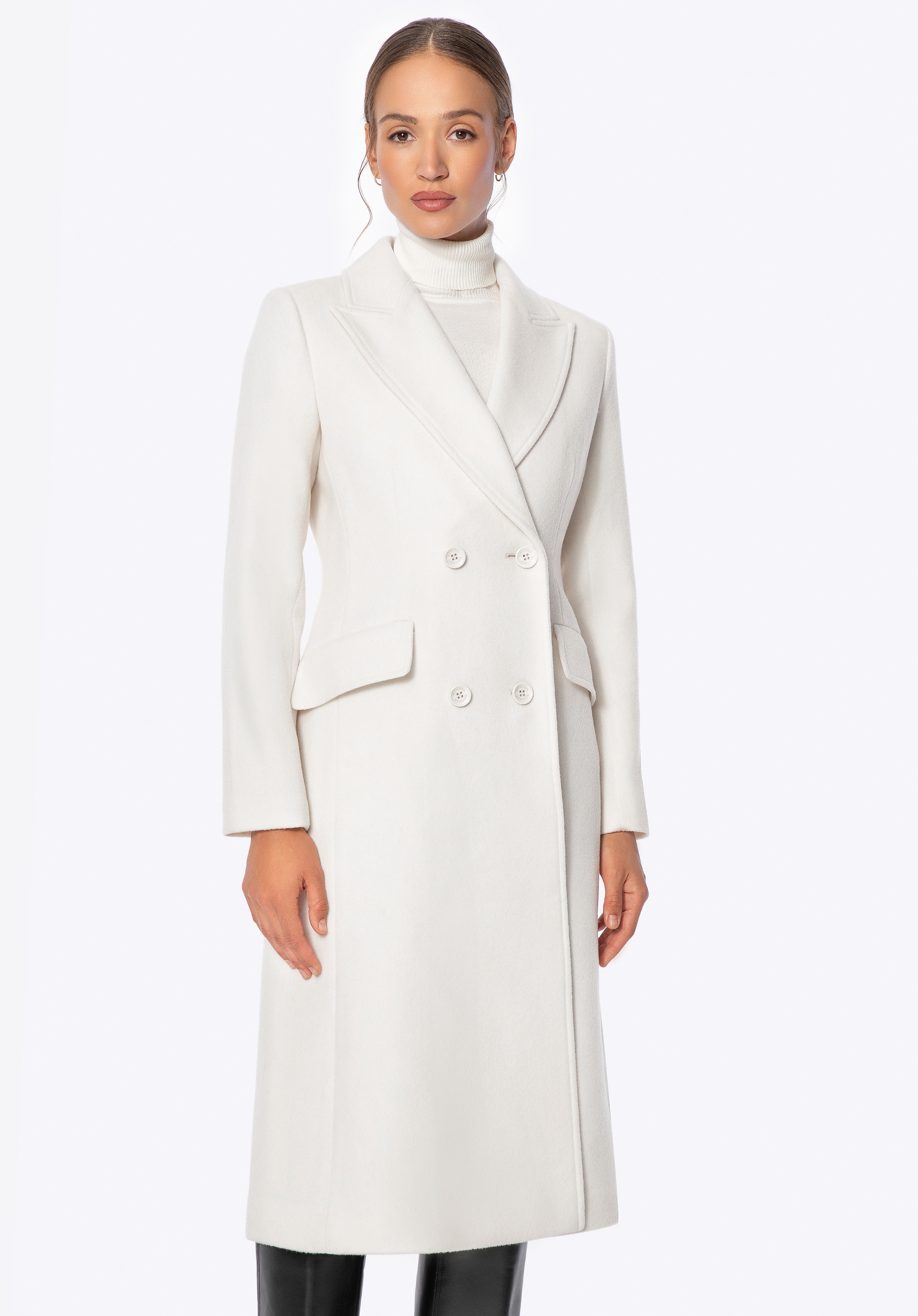 Damski płaszcz z wełny z domieszką kaszmiru kremowy
